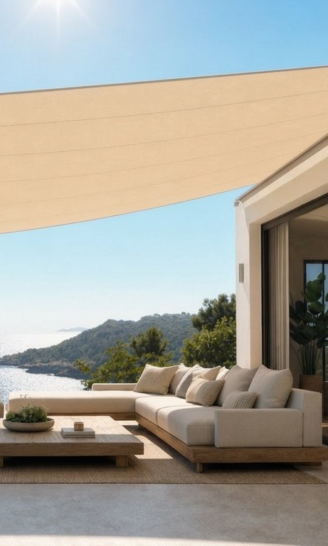 SunFurl AERO shade sail attached to a villa facade, with the wall-mounted electric roller above a sea-view terrace.