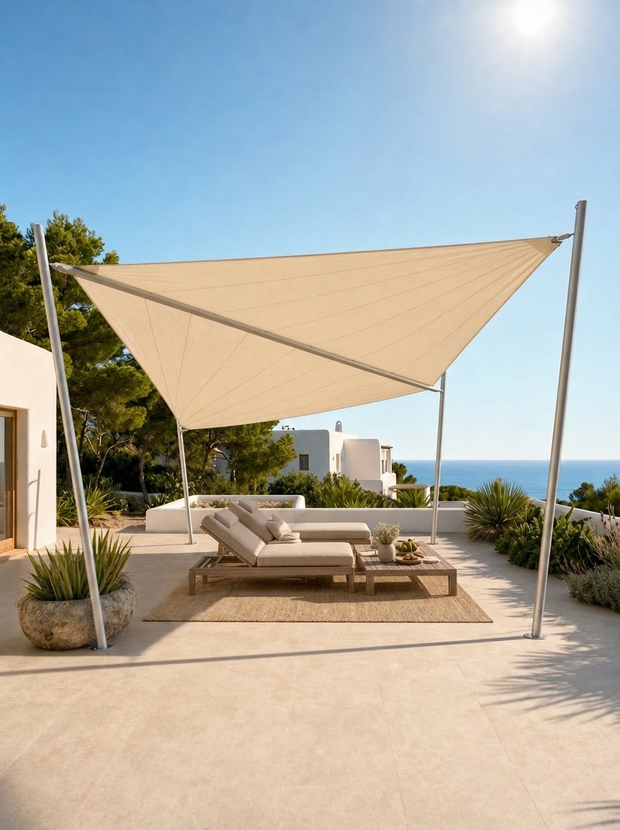SunFurl electric shade sail on twin masts above a sea-view terrace, with the lounge area shaded by the sail.