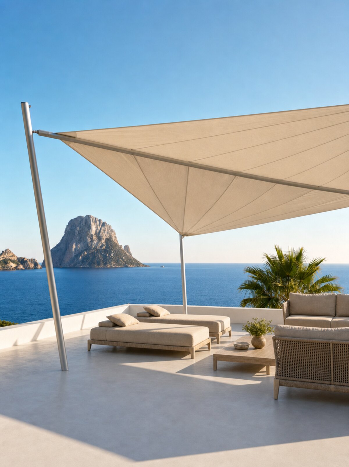 SunFurl RE rollable shade sail covering a large sea-view terrace.