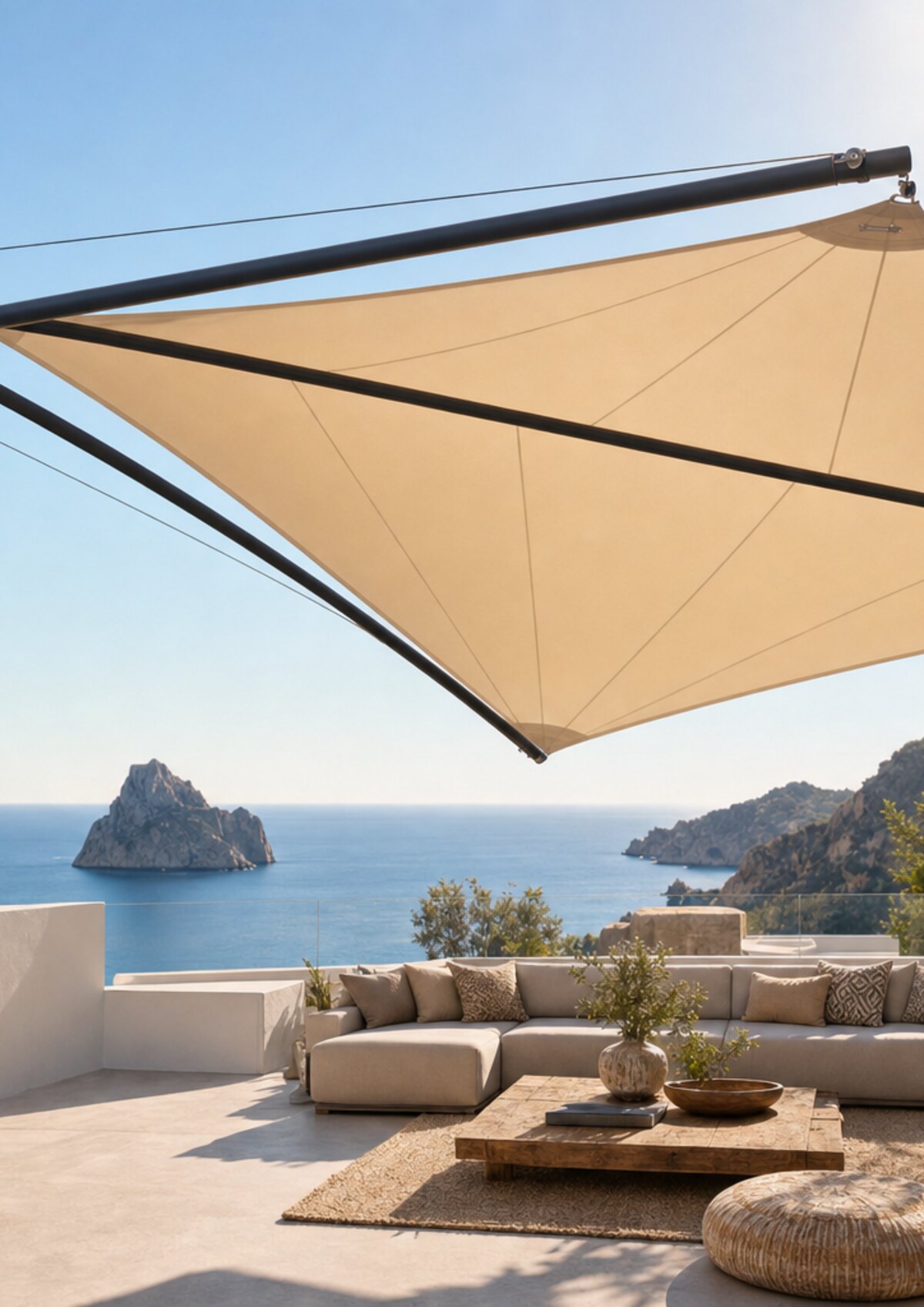 SunFurl WING cantilevered shade sail with one mast outside the shaded area.